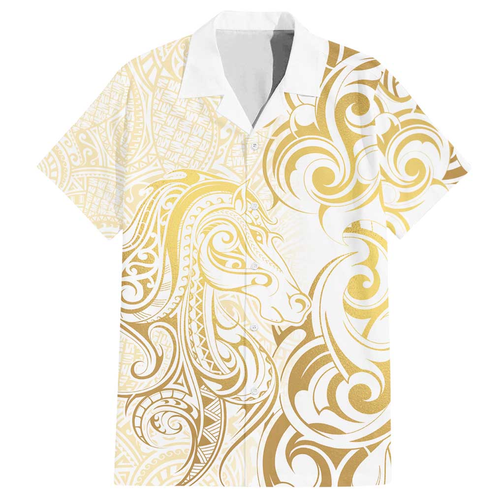 Gold And White Aoteara Horse Racing Family Matching Summer Maxi Dress and Hawaiian Shirt NZ Maori Pattern
