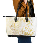 Gold And White Aoteara Horse Racing Leather Tote Bag NZ Maori Pattern