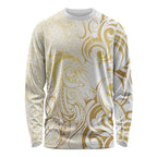Gold And White Aoteara Horse Racing Long Sleeve Shirt NZ Maori Pattern