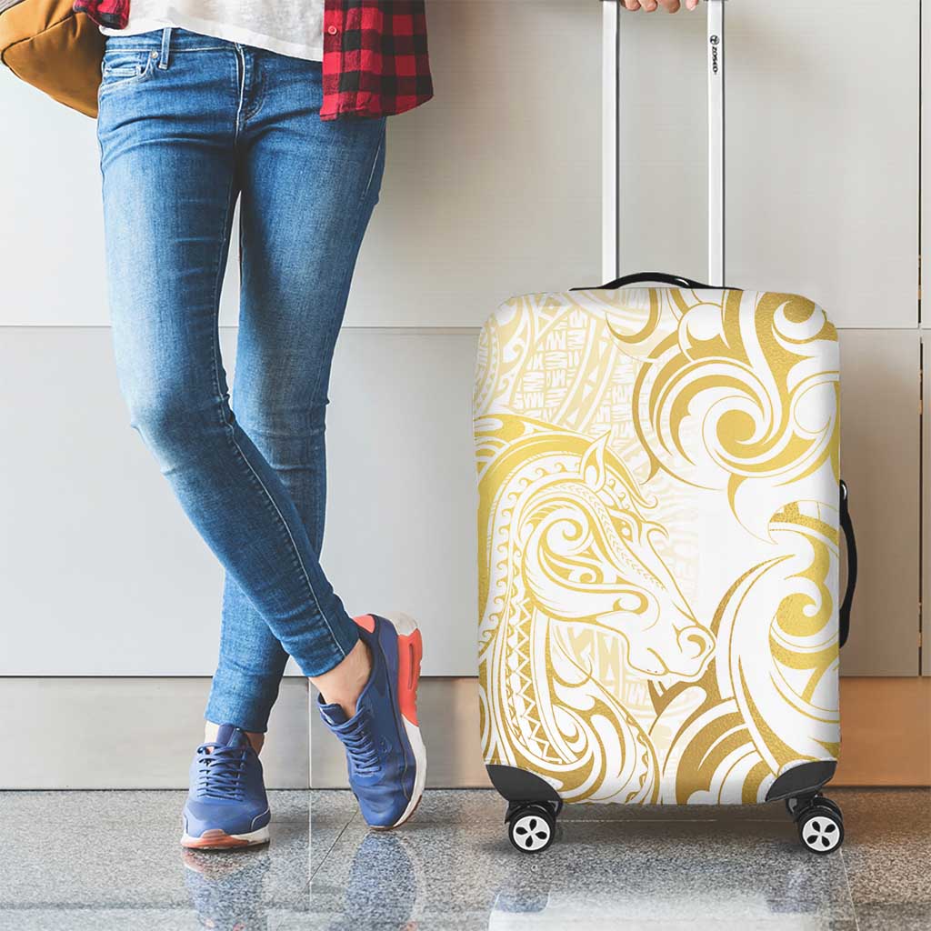 Gold And White Aoteara Horse Racing Luggage Cover NZ Maori Pattern