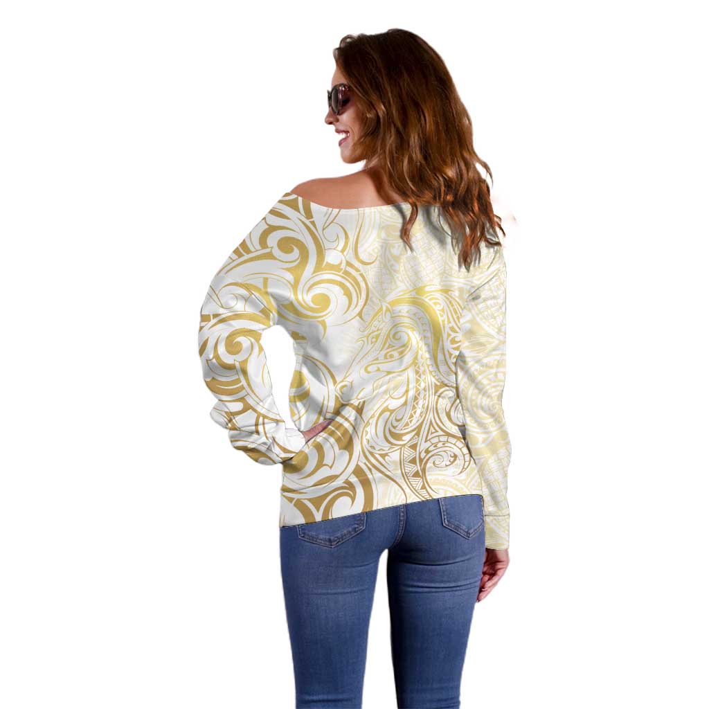 Gold And White Aoteara Horse Racing Off Shoulder Sweater NZ Maori Pattern
