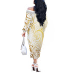 Gold And White Aoteara Horse Racing Off The Shoulder Long Sleeve Dress NZ Maori Pattern