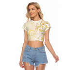 Gold And White Aoteara Horse Racing Raglan Cropped T Shirt NZ Maori Pattern