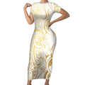 Gold And White Aoteara Horse Racing Short Sleeve Bodycon Dress NZ Maori Pattern