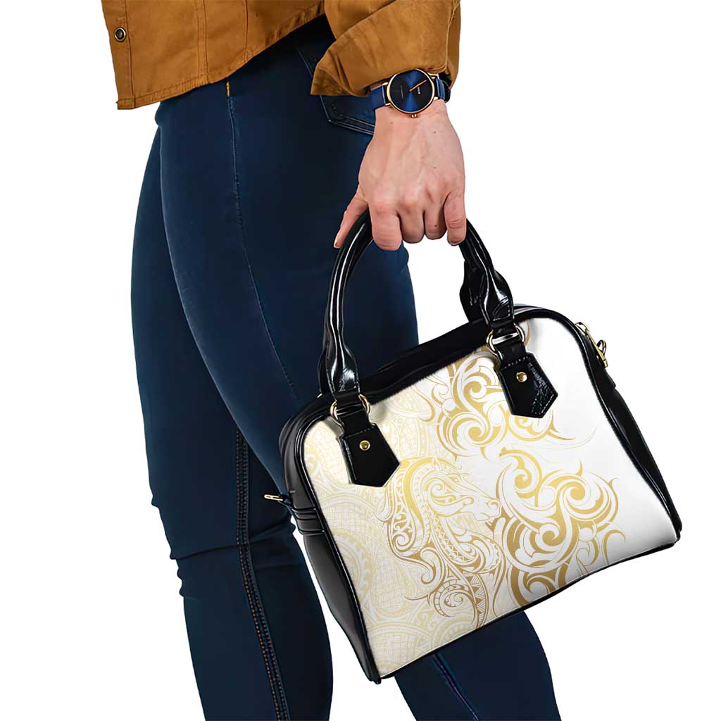 Gold And White Aoteara Horse Racing Shoulder Handbag NZ Maori Pattern