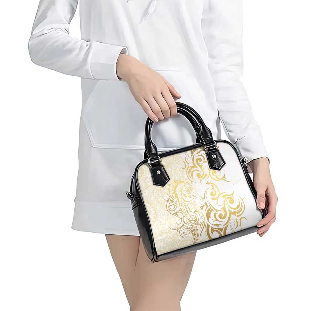 Gold And White Aoteara Horse Racing Shoulder Handbag NZ Maori Pattern