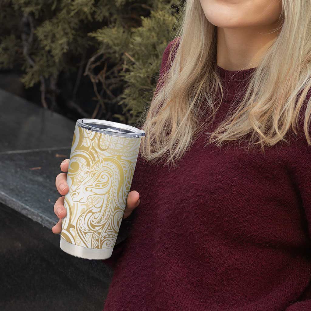 Gold And White Aoteara Horse Racing Tumbler Cup NZ Maori Pattern