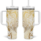 Gold And White Aoteara Horse Racing Tumbler With Handle NZ Maori Pattern