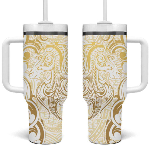Gold And White Aoteara Horse Racing Tumbler With Handle NZ Maori Pattern