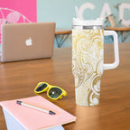 Gold And White Aoteara Horse Racing Tumbler With Handle NZ Maori Pattern