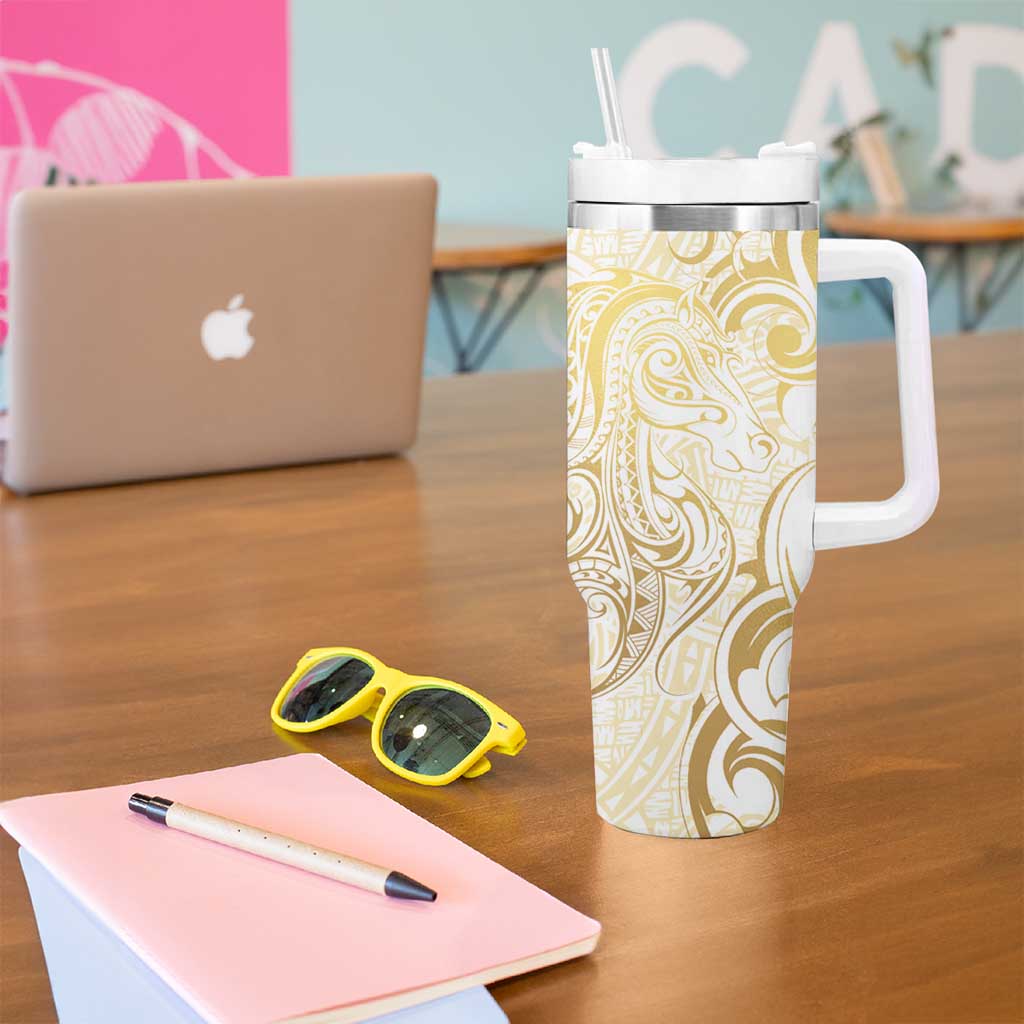 Gold And White Aoteara Horse Racing Tumbler With Handle NZ Maori Pattern