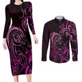 Pink Aoteara Horse Racing Couples Matching Long Sleeve Bodycon Dress and Long Sleeve Button Shirt NZ Maori Pattern