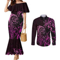Pink Aoteara Horse Racing Couples Matching Mermaid Dress and Long Sleeve Button Shirt NZ Maori Pattern