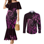 Pink Aoteara Horse Racing Couples Matching Mermaid Dress and Long Sleeve Button Shirt NZ Maori Pattern
