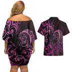 Pink Aoteara Horse Racing Couples Matching Off Shoulder Short Dress and Hawaiian Shirt NZ Maori Pattern