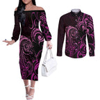 Pink Aoteara Horse Racing Couples Matching Off The Shoulder Long Sleeve Dress and Long Sleeve Button Shirt NZ Maori Pattern