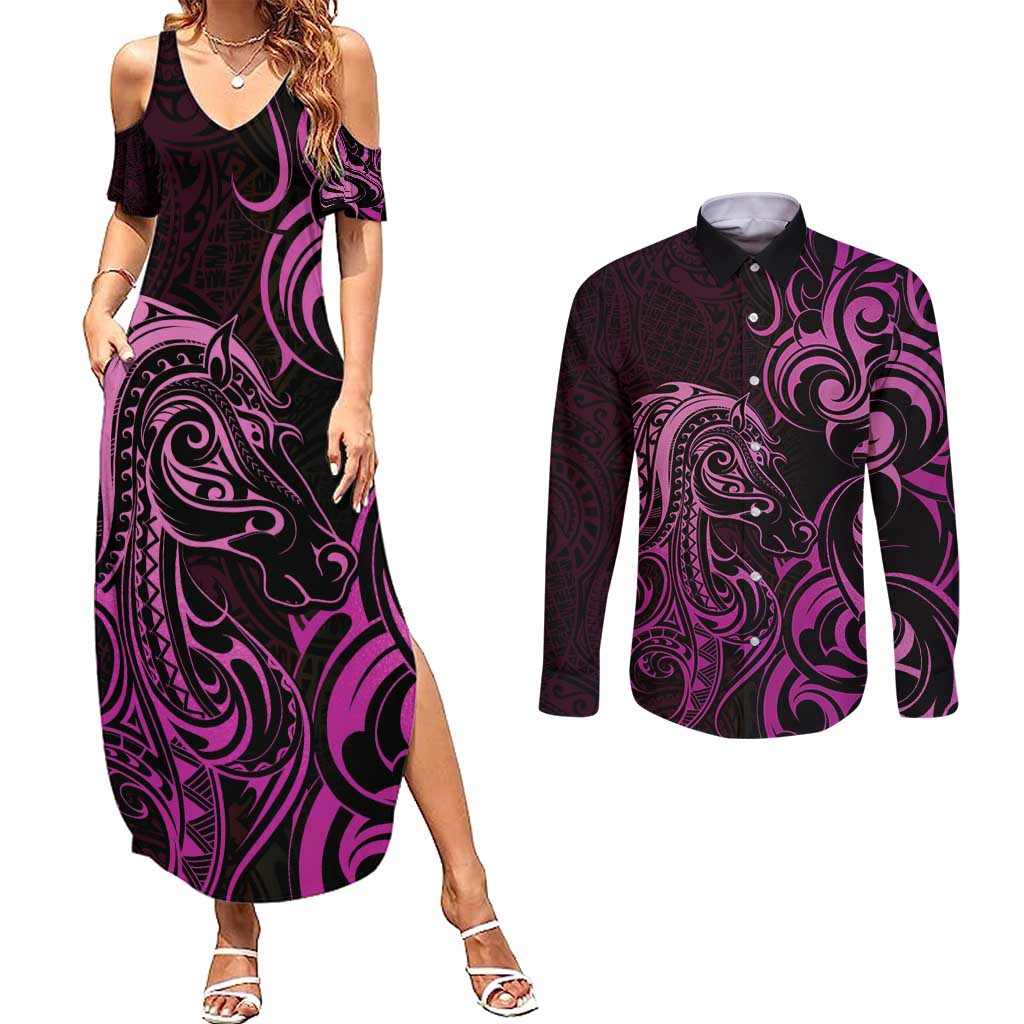 Pink Aoteara Horse Racing Couples Matching Summer Maxi Dress and Long Sleeve Button Shirt NZ Maori Pattern