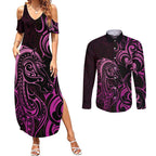 Pink Aoteara Horse Racing Couples Matching Summer Maxi Dress and Long Sleeve Button Shirt NZ Maori Pattern