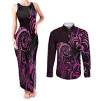 Pink Aoteara Horse Racing Couples Matching Tank Maxi Dress and Long Sleeve Button Shirt NZ Maori Pattern