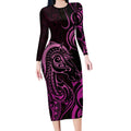Pink Aoteara Horse Racing Long Sleeve Bodycon Dress NZ Maori Pattern