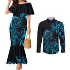 Blue Aoteara Horse Racing Couples Matching Mermaid Dress and Long Sleeve Button Shirt NZ Maori Pattern