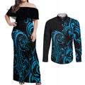 Blue Aoteara Horse Racing Couples Matching Off Shoulder Maxi Dress and Long Sleeve Button Shirt NZ Maori Pattern