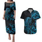 Blue Aoteara Horse Racing Couples Matching Puletasi and Hawaiian Shirt NZ Maori Pattern