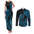 Blue Aoteara Horse Racing Couples Matching Tank Maxi Dress and Long Sleeve Button Shirt NZ Maori Pattern