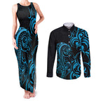 Blue Aoteara Horse Racing Couples Matching Tank Maxi Dress and Long Sleeve Button Shirt NZ Maori Pattern