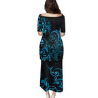 Blue Aoteara Horse Racing Family Matching Puletasi and Hawaiian Shirt NZ Maori Pattern