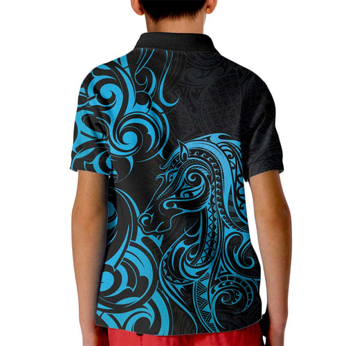 Blue Aoteara Horse Racing Kid Polo Shirt NZ Maori Pattern