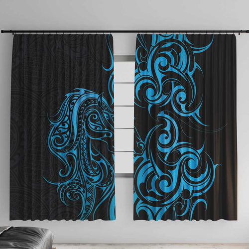 Blue Aoteara Horse Racing Window Curtain NZ Maori Pattern