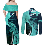 Matildas Soccer Couples Matching Off Shoulder Maxi Dress and Long Sleeve Button Shirt 2024 Happy Australia Day Kangaroo Aussie Proud - Turquoise