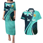 Matildas Soccer Couples Matching Puletasi and Hawaiian Shirt 2024 Happy Australia Day Kangaroo Aussie Proud - Turquoise