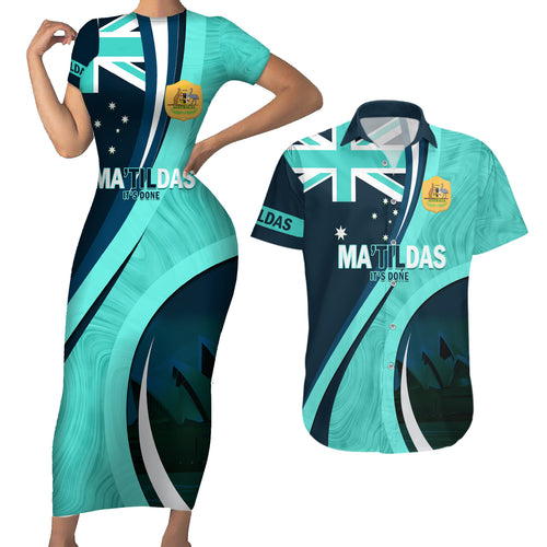 Matildas Soccer Couples Matching Short Sleeve Bodycon Dress and Hawaiian Shirt 2024 Happy Australia Day Kangaroo Aussie Proud - Turquoise