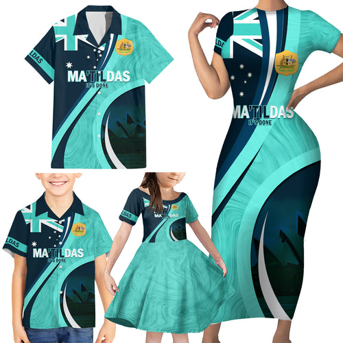 Matildas Soccer Family Matching Short Sleeve Bodycon Dress and Hawaiian Shirt 2024 Happy Australia Day Kangaroo Aussie Proud - Turquoise