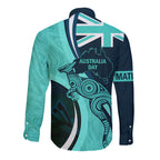 Matildas Soccer Long Sleeve Button Shirt 2024 Happy Australia Day Kangaroo Aussie Proud - Turquoise