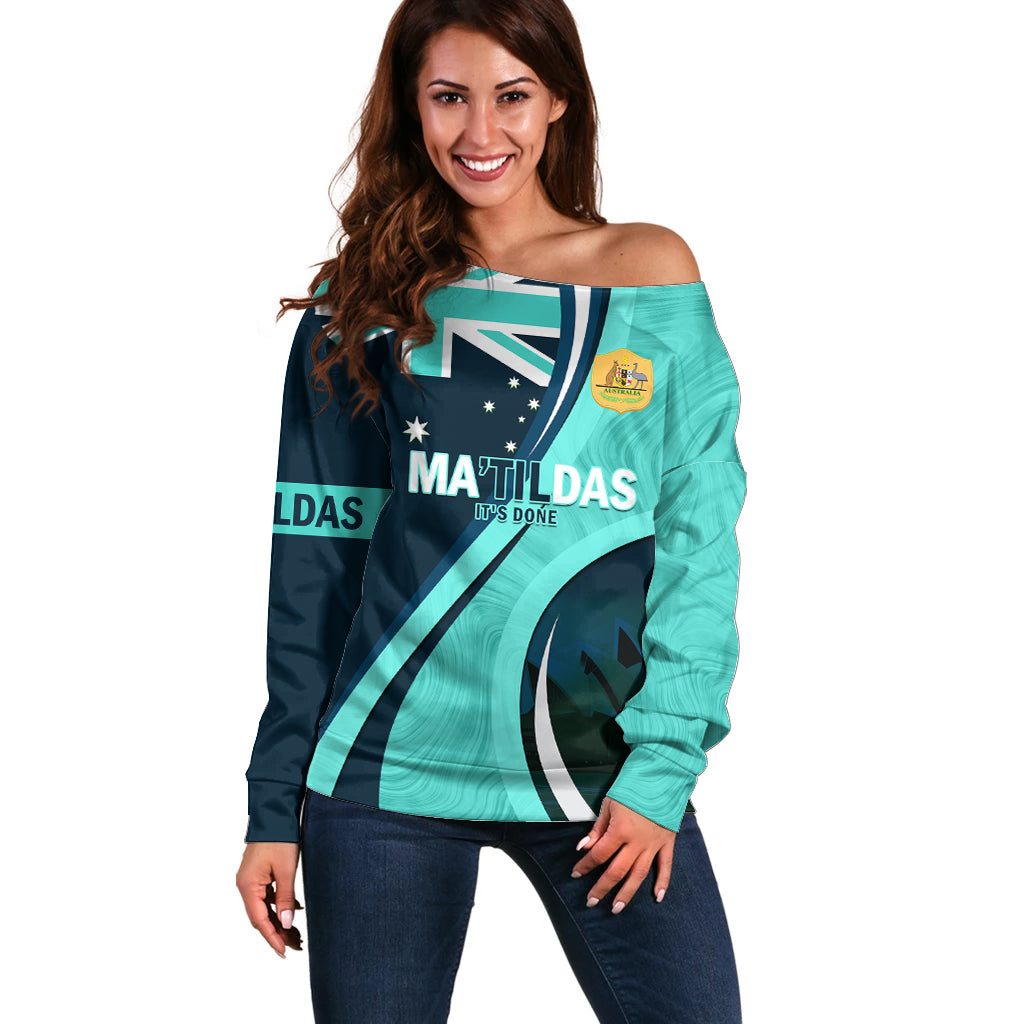 Matildas Soccer Off Shoulder Sweater 2024 Happy Australia Day Kangaroo Aussie Proud - Turquoise