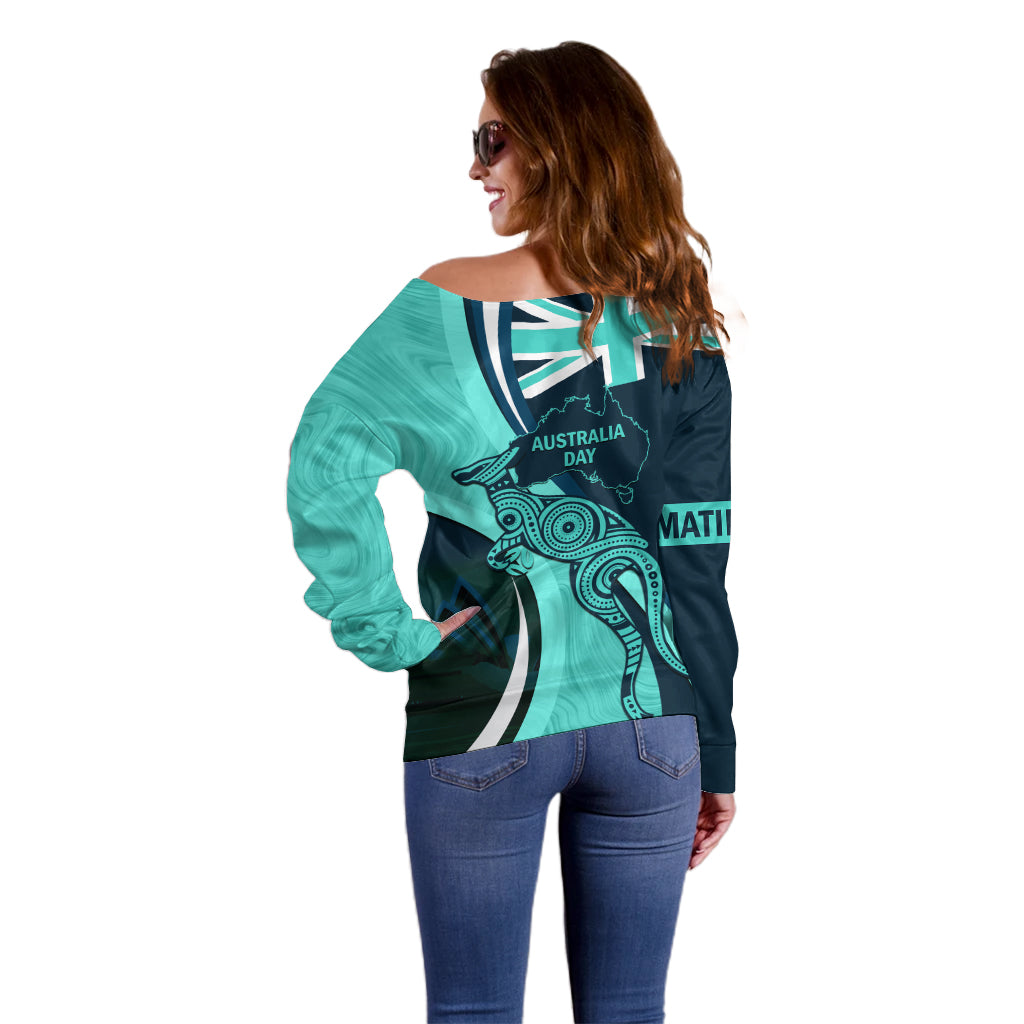 Matildas Soccer Off Shoulder Sweater 2024 Happy Australia Day Kangaroo Aussie Proud - Turquoise