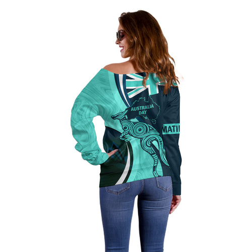 Matildas Soccer Off Shoulder Sweater 2024 Happy Australia Day Kangaroo Aussie Proud - Turquoise