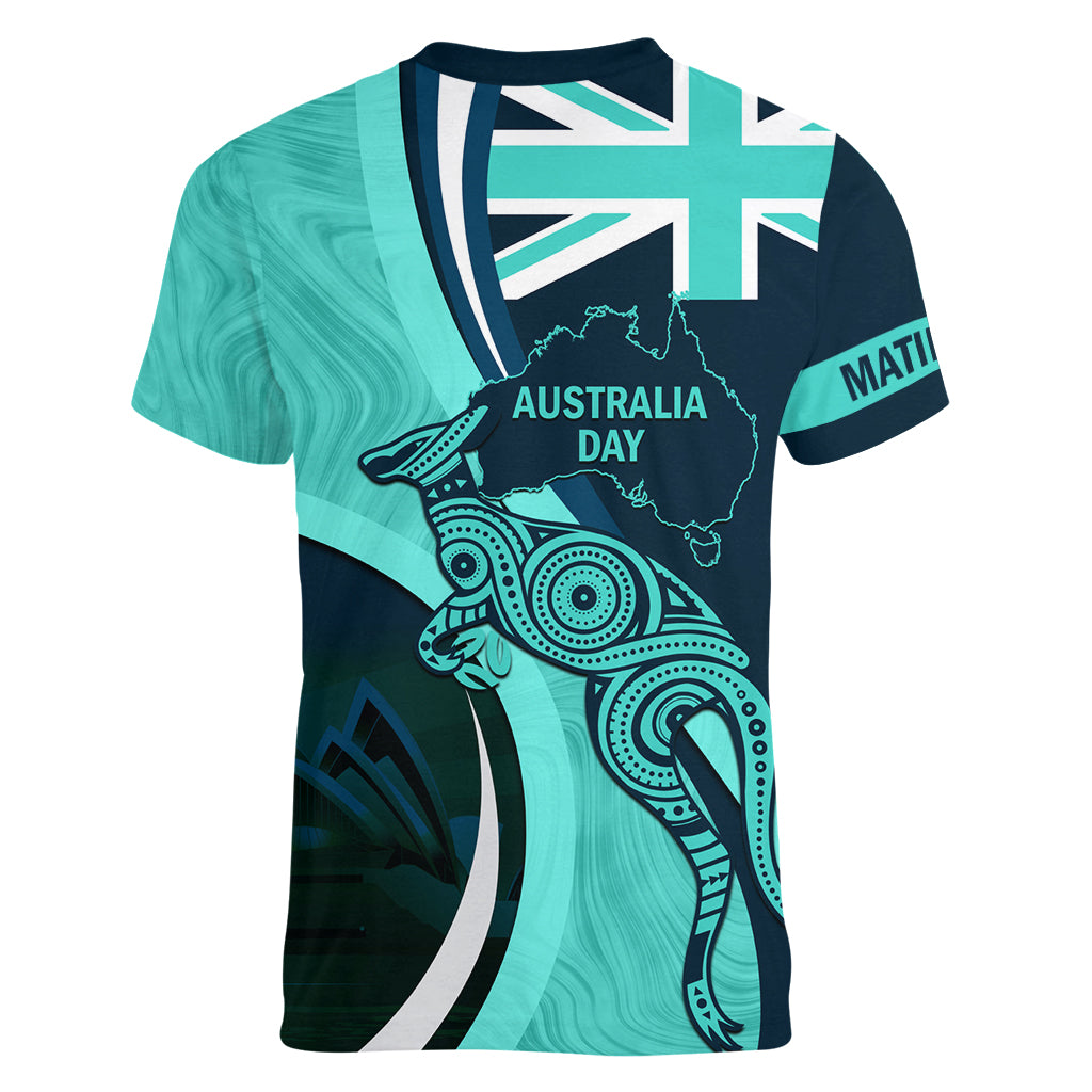 Matildas Soccer Women V Neck T Shirt 2024 Happy Australia Day Kangaroo Aussie Proud - Turquoise