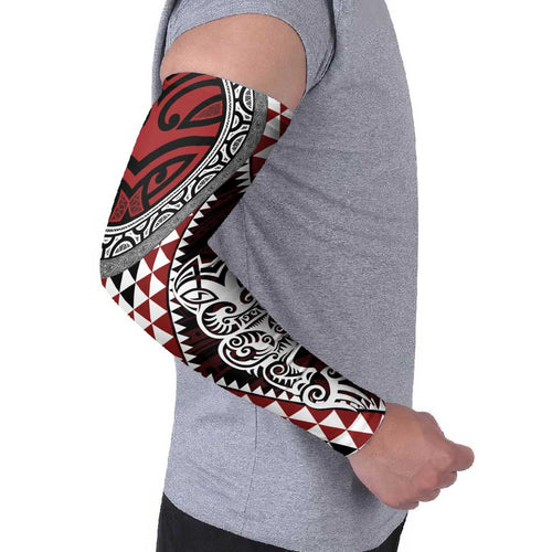 Red Aotearoa Niho Taniwha Arm Sleeves Maori Mythology Tooth - Taniko Motifs - Aussie Hoodie