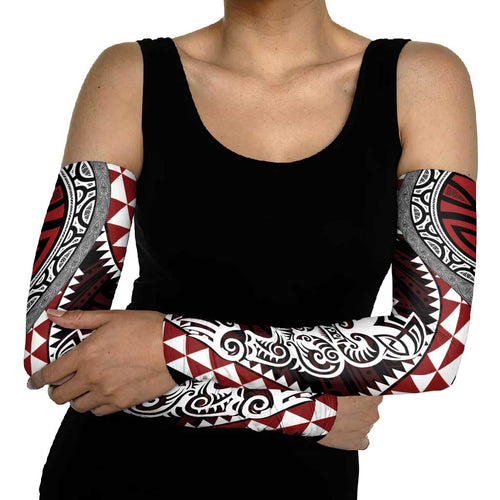 Red Aotearoa Niho Taniwha Arm Sleeves Maori Mythology Tooth - Taniko Motifs - Aussie Hoodie