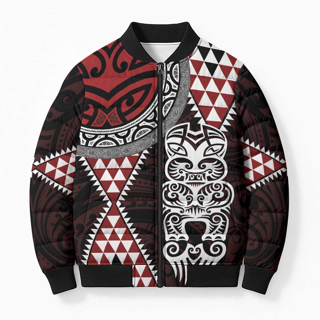 Red Aotearoa Niho Taniwha Bomber Puffer Jacket Maori Mythology Tooth - Taniko Motifs - Aussie Hoodie