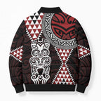 Red Aotearoa Niho Taniwha Bomber Puffer Jacket Maori Mythology Tooth - Taniko Motifs - Aussie Hoodie