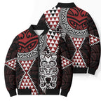 Red Aotearoa Niho Taniwha Bomber Puffer Jacket Maori Mythology Tooth - Taniko Motifs - Aussie Hoodie