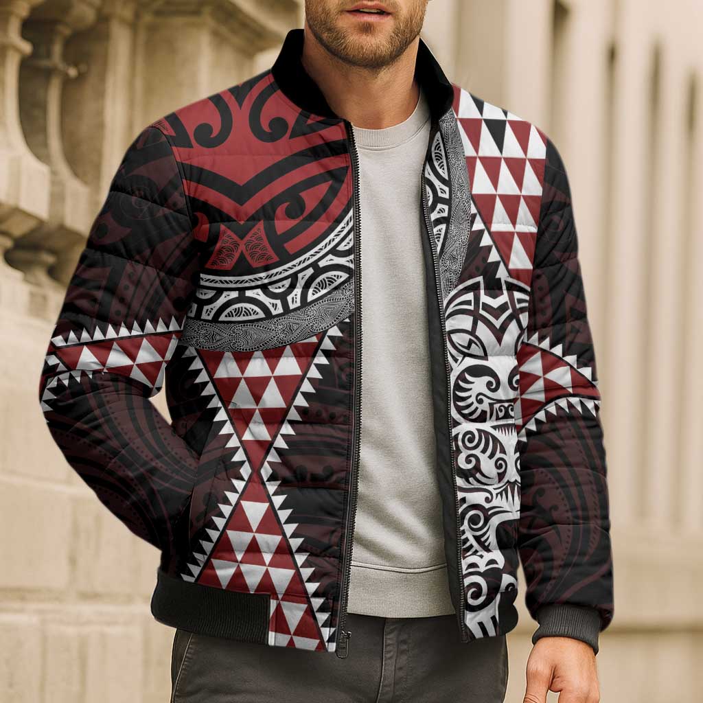 Red Aotearoa Niho Taniwha Bomber Puffer Jacket Maori Mythology Tooth - Taniko Motifs - Aussie Hoodie