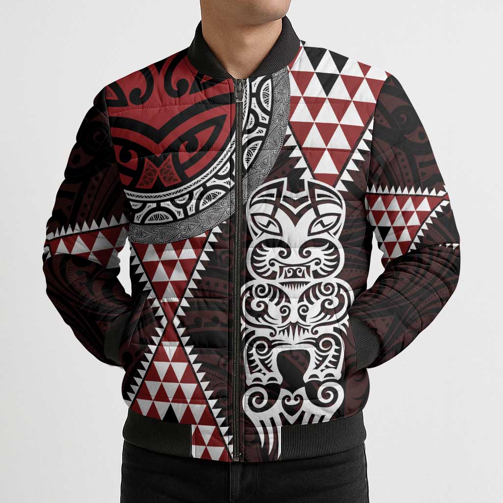 Red Aotearoa Niho Taniwha Bomber Puffer Jacket Maori Mythology Tooth - Taniko Motifs - Aussie Hoodie