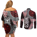 Red Aotearoa Niho Taniwha Couples Matching Off Shoulder Short Dress and Long Sleeve Button Shirt Maori Mythology Tooth - Taniko Motifs