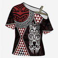 Red Aotearoa Niho Taniwha Cross Shoulder Shirt Maori Mythology Tooth - Taniko Motifs - Aussie Hoodie